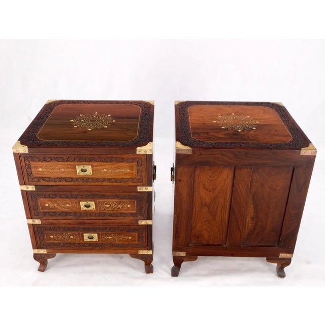 Pair 3 Drawer Solid Rosewood Campaign Style Brass Inlay Decorated Night Stands For Sale - Image 10 of 13