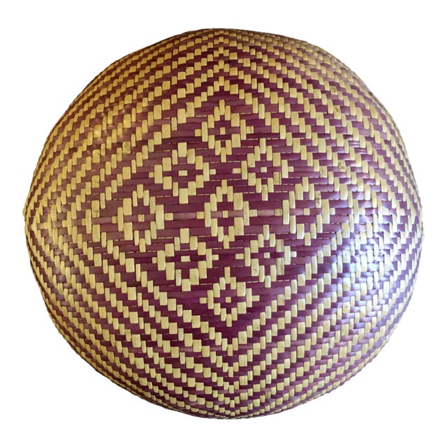 Vintage Geometric Purple + Natural Woven Basket For Sale