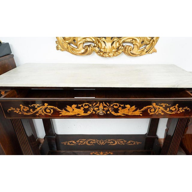 Antique console table with fine inlay work, made of white statuary marble with a central drawer, Sicily, 19th century....