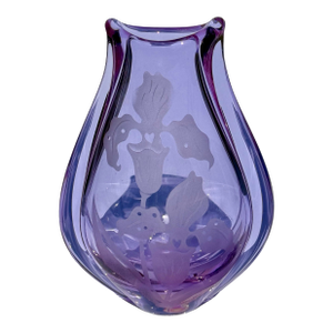 Vintage Czech Neodymium Glass Vase, Etched Floral Iris Design, Color-Changing Alexandrite Glass, Signed