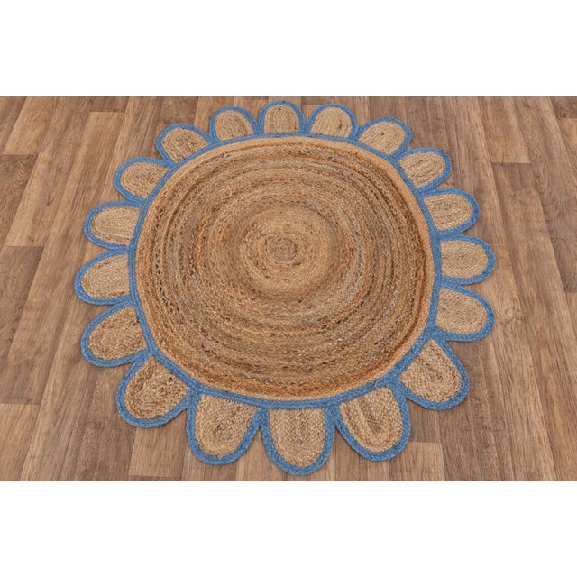 French Blue Round Jute Scallop Rug - 6'x6' For Sale - Image 4 of 9