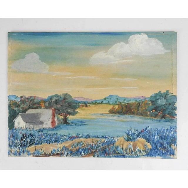 Vintage Mid 20th Century Folk Art Bluebonnet Landscape Painting For Sale In Seattle - Image 6 of 7
