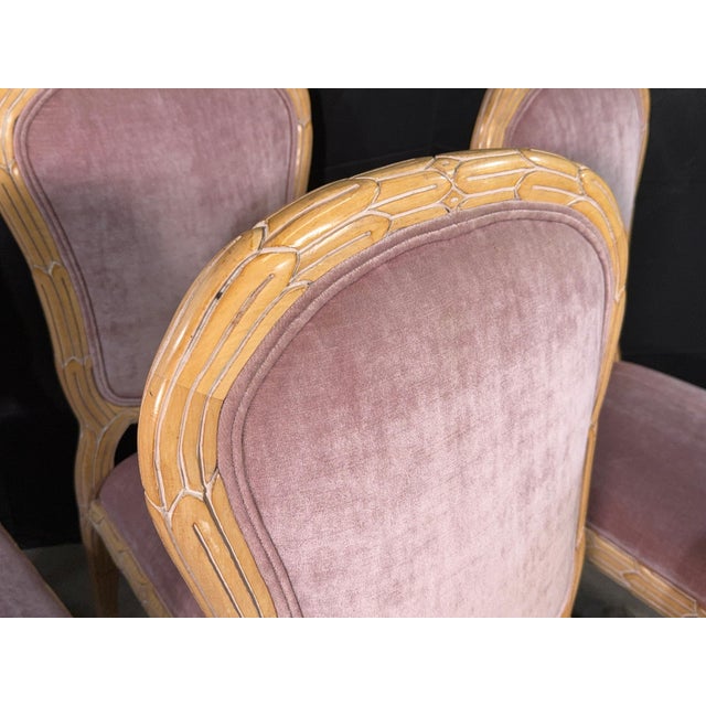 c.1970's Carved Florentine Faux Bois Italian Dining Chairs in Velvet, Attributed to Chelini - Set of 6 For Sale - Image 4 of 16