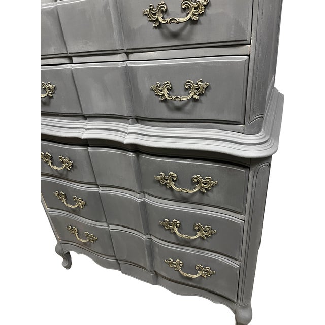 Vintage Tall 6 Drawer Dresser Painted Deep Gray French Hardware Natural Wood Top For Sale In Philadelphia - Image 6 of 12
