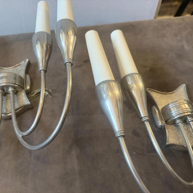1950s Pietro Chiesa Style Mid-Century Art Deco Nickel Plated Brass Wall Sconces For Sale - Image 11 of 15