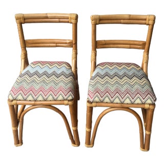 Vintage Mid 20th Century Restored Rattan Chairs by Vogue Rattan . Co. Newly Reupholstered With Colorful Flame Stitch Fabric – A Pair For Sale