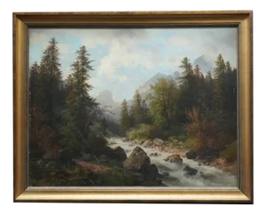 Carl Hasch, Mountain Landscape with Rapids, 1892, Oil on Canvas, Framed