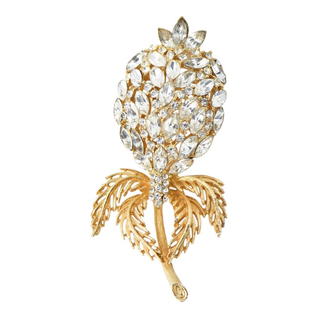 Large Crystal Gold Gilt Metal Flower Brooch For Sale