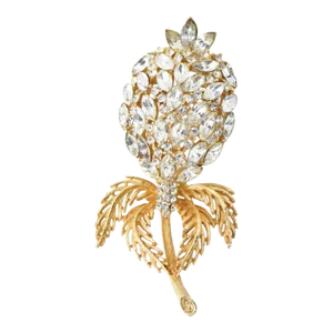 Large Crystal Gold Gilt Metal Flower Brooch