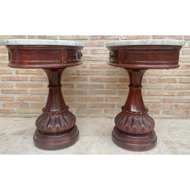 Wood Carved Wood Demi Lune Nightstands with Marble Top, 1940, Set of 2 For Sale - Image 7 of 17