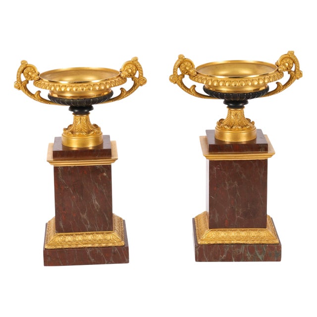 Antique French Grand Tour Ormolu, Bronze and Marble Tazzas, 19th Century, Set of 2 For Sale