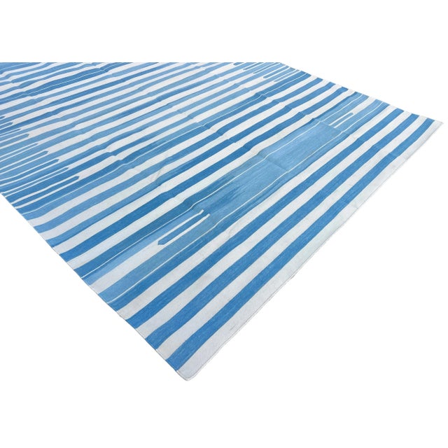 Handmade Cotton Natural Vegetable Dyed Area Rug, Sky Blue and White Striped Dhurrie-10'x14' For Sale - Image 6 of 12