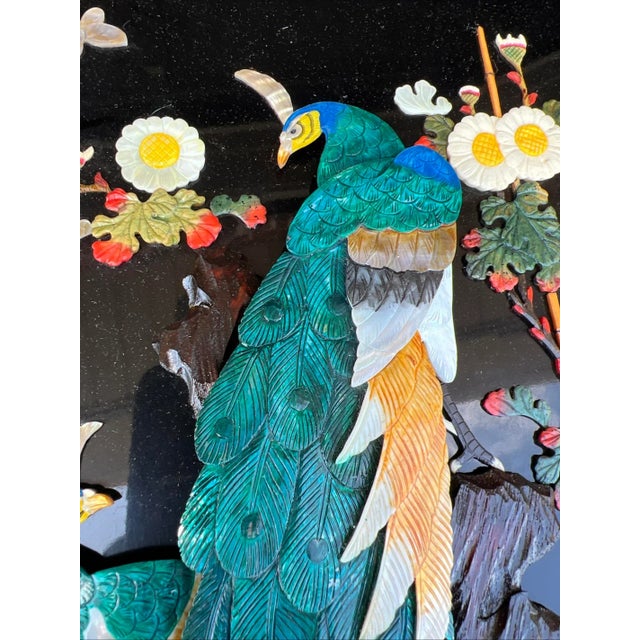 Vintage Chinese Carved Shell and Lacquer Peacock WallHang Artwork, Circa 1950’s For Sale - Image 4 of 18