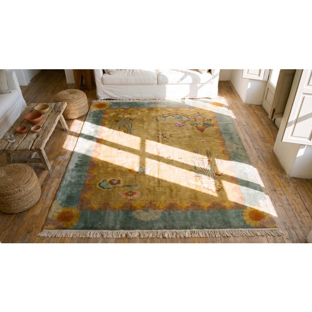 1920s Yellow Saffron Scene Modern Antique Chinese Art Deco Carpet by Nichols Atelier 8'10"x11'3" Knotted Wool Rug For Sale - Image 15 of 15