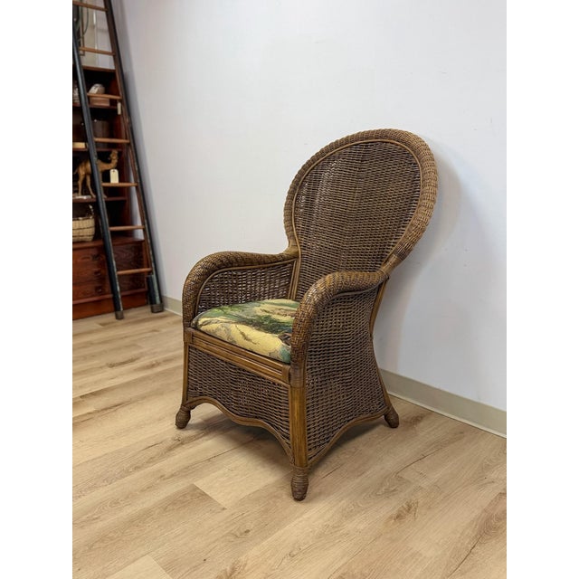 Wood Coastal Wicker Rattan Chair Vintage Beach Scene Cushion Boho Accent Outdoor For Sale - Image 7 of 10