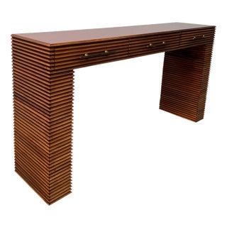 Three Drawers Fluted Wood Console Table with Crimson Red Glass Top, 1970s For Sale