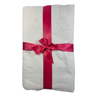 Antique French Linen Sheet Circa 1920 Pf Monogram Hand Embroidered Whitework Ladderwork French Trousseau For Sale