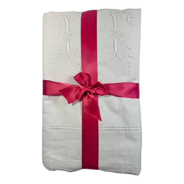 Antique French Linen Sheet Circa 1920 Pf Monogram Hand Embroidered Whitework Ladderwork French Trousseau For Sale
