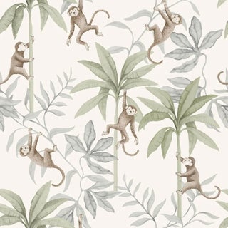Boråstapeter Jungle Friends Wallpaper In Cocoa And Sage For Sale