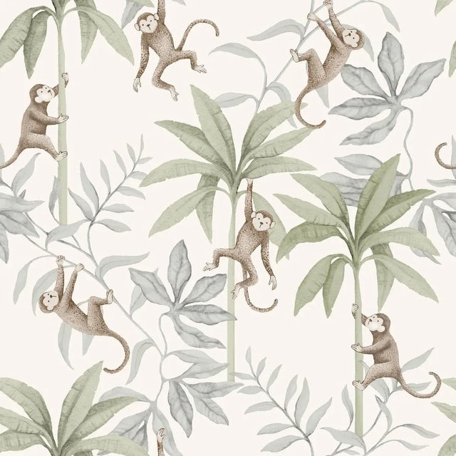 Boråstapeter Jungle Friends Wallpaper In Cocoa And Sage For Sale