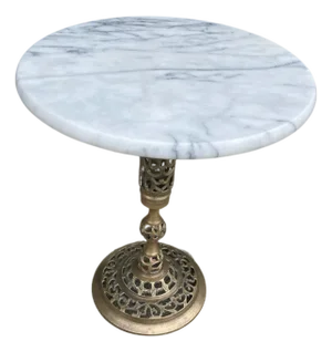 Vintage Pierced Brass Pedestal Side Table With Marble Top