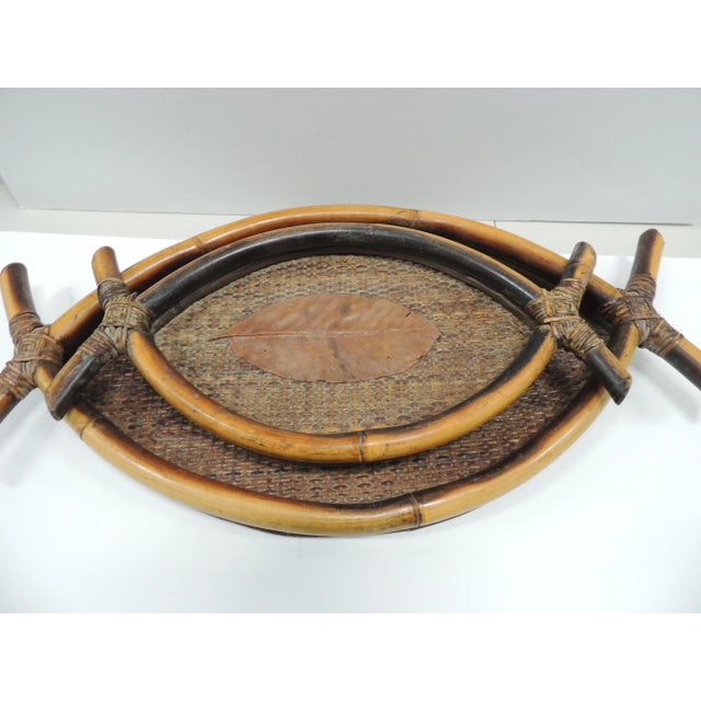 Bamboo and Rattan Oval Nesting Serving Trays - Set of 2 For Sale - Image 4 of 4