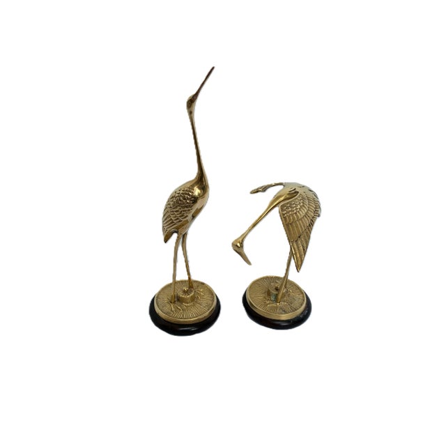 Mid Century Modern Large Brass Crane Figures on Wood Base - A Pair For Sale - Image 12 of 12