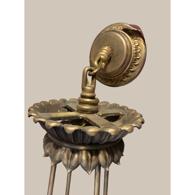 Late 20th Century Maitland-Smith Four Light Bouillotte Chandelier, Large Hand Made Silk Shade, Unique Architectural Design, Burnished Bronze Finish For Sale - Image 13 of 14