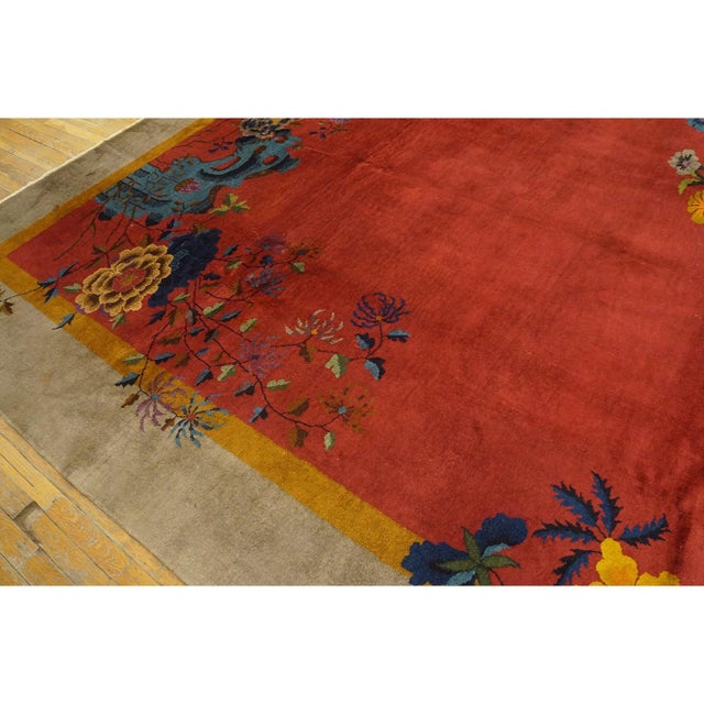 1920s Orange Floral Modern Antique Chinese Art Deco Handknotted Wool Rug For Sale - Image 9 of 10