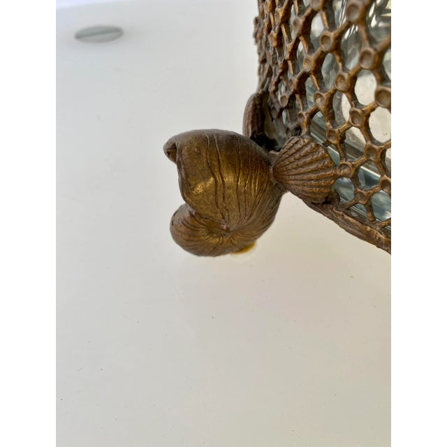 Vintage Hollywood Regency Bronze Lead Crystal Castilian 3 Piece Cylindrical Scallop Shell Lidded Nautilus Footed Jar For Sale In West Palm - Image 6 of 7