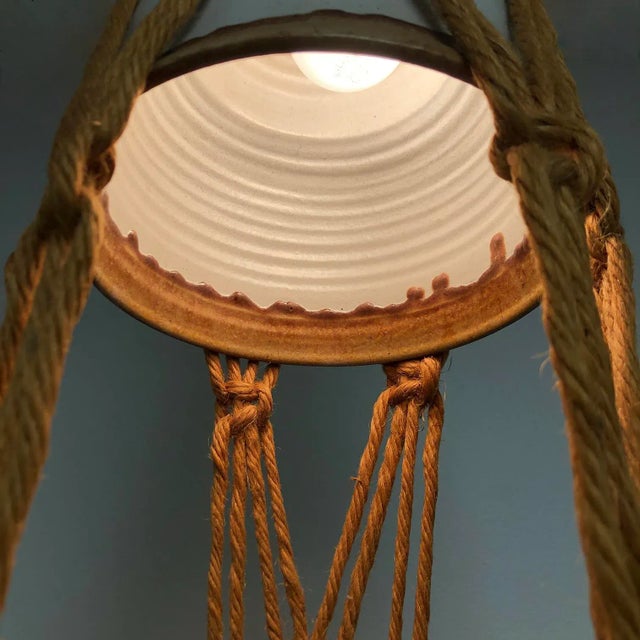Vintage Jute Macrame and Ceramic Pot + Pendant Light, 1960-70s For Sale - Image 4 of 12