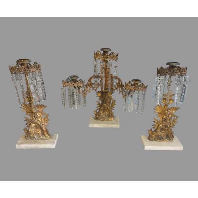 Antique Victorian Three Piece Girandole Candelabra Set With Etched Prisms For Sale - Image 6 of 10