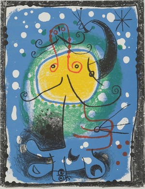 Joan Miro, Personnage sur fond bleu, Lithograph