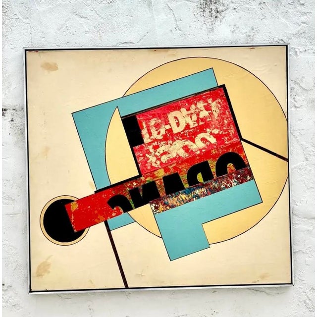 Vintage Geometric Abstract Painting in Silver Frame For Sale - Image 4 of 7