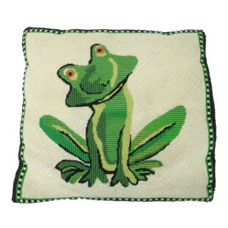 Vintage Needlepoint Frog Pillow For Sale