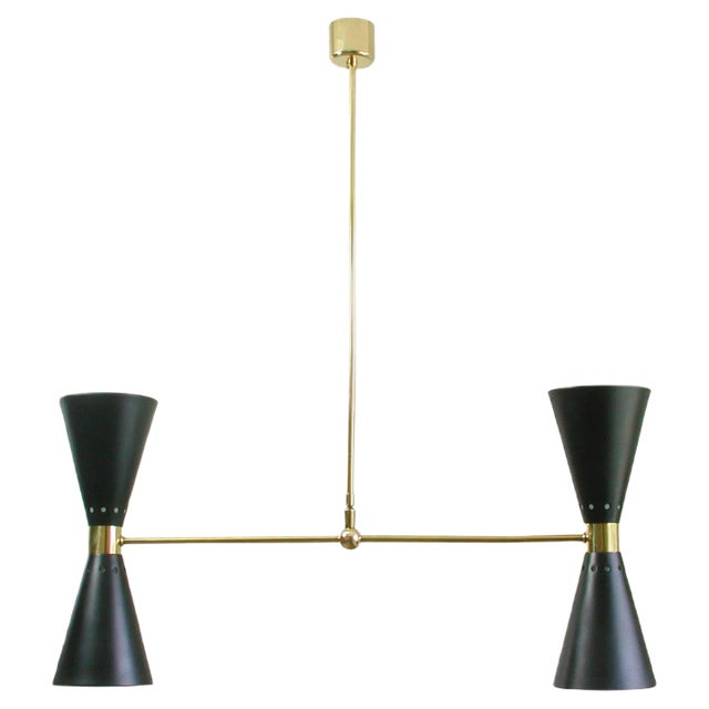 Mid-Century French Black Double Cone Diabolo Pendant Chandelier, 1950s For Sale