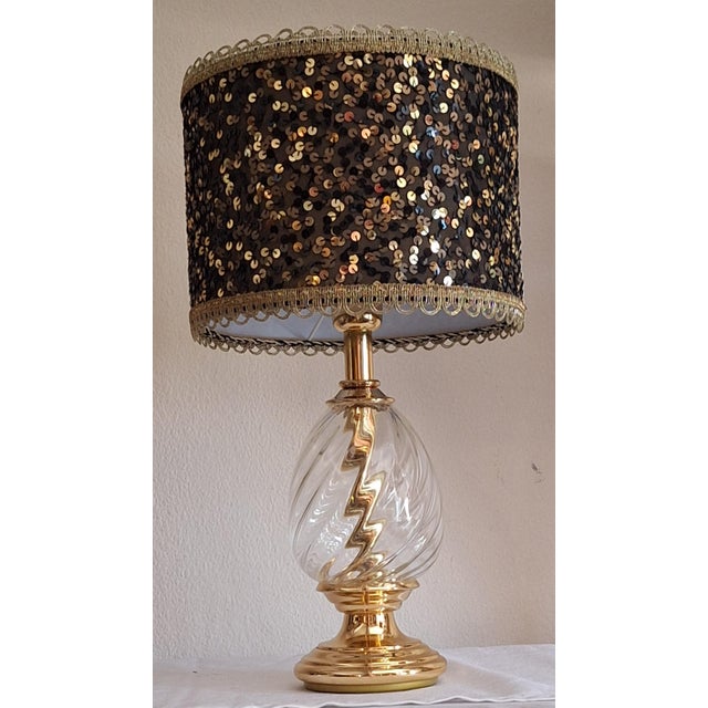 Vintage Table Lamp with Twisted Crystal Glass Base in Brass Mounting and Sequined Shade from Lamplove, 1980s For Sale - Image 4 of 10