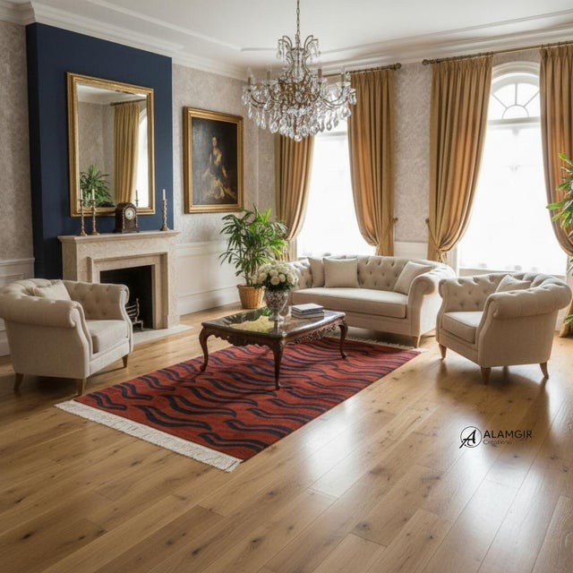 Mid-Century Modern Hand-Knotted Wool Rug in Rust Red With Navy Wave Motif For Sale - Image 3 of 12