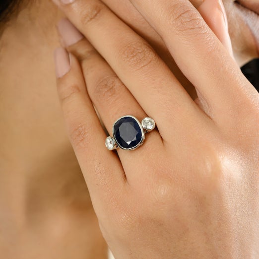 6.75 Ct Certified Blue Sapphire Diamond 18k Gold Cocktail Ring Size 5.5 For Sale - Image 4 of 12