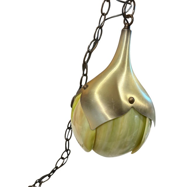 Mid Century Modern Slag Glass & Aluminum 1-Light Pendant, Ca. 1940 Swag Lotus Tulip Pendant Light Fixture For Sale - Image 4 of 10