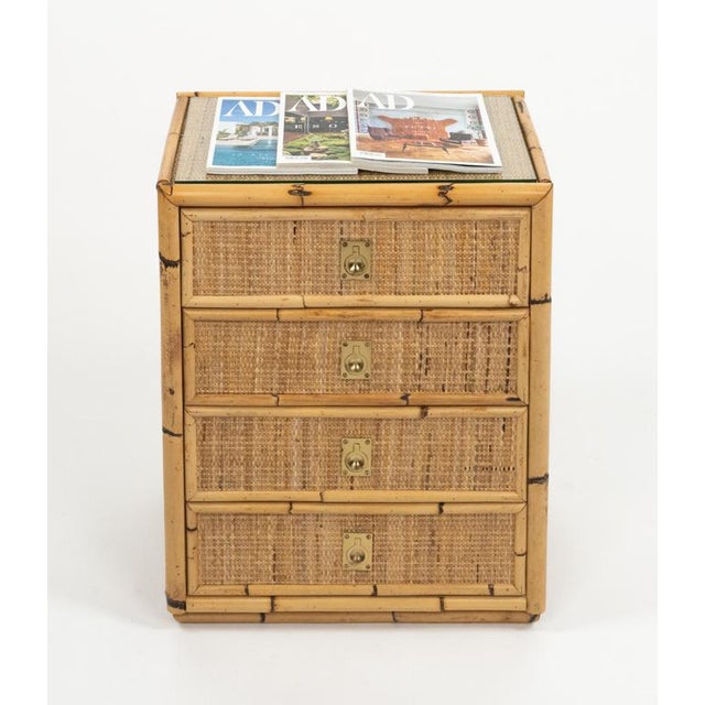 Wood Mid-Century Modern Rattan and Brass Chest of Drawers, Italy, 1970s For Sale - Image 7 of 16
