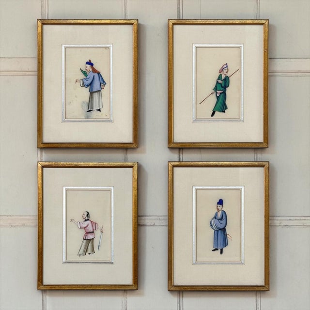 Set of four 18th century Japanese hand-painted and colored figure studies on rice paper, each depicting a single figure in...