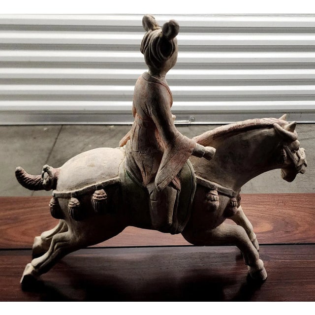 Beige Antique Chinese T'ang Style Terracotta Female Horse Rider Figurine For Sale - Image 8 of 13