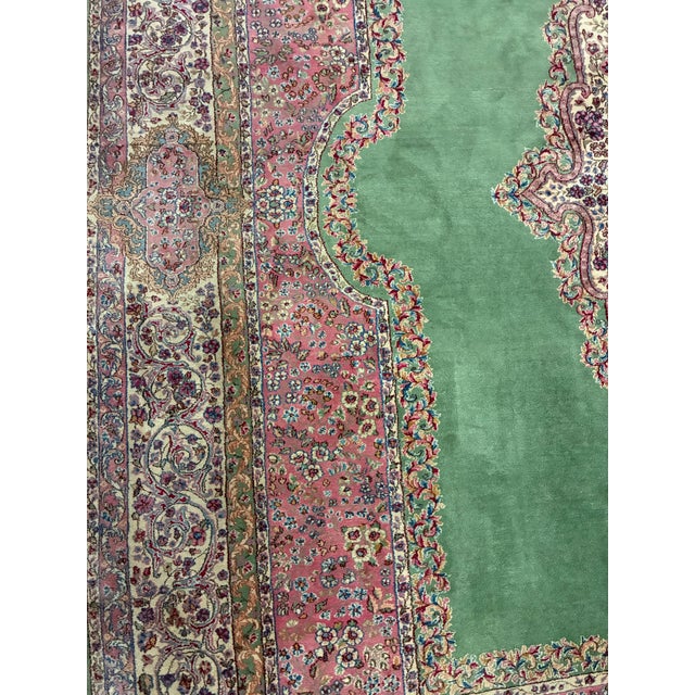 Green Vintage Persian Kerman Hand-Knotted Wool Rug in Green and Rose For Sale - Image 8 of 12