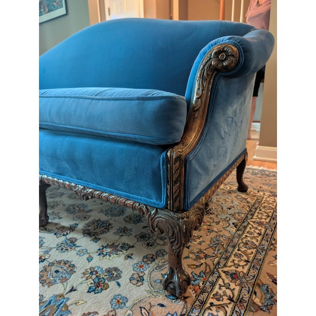 Restored Vintage Chippendale Style Camelback Sofa in Blue Velvet For Sale - Image 4 of 18