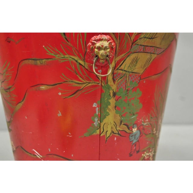 Mid 20th Century Italian Chinoiserie Hand Painted Oriental Red Tole Metal Wastebasket Trashcan For Sale In Philadelphia - Image 6 of 18
