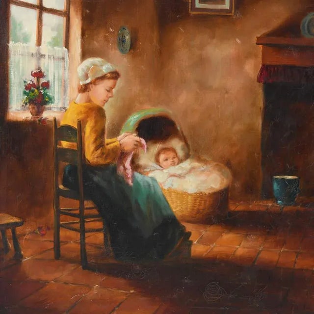 This Oil on Canvas of a Mother and Baby is a tender and emotive depiction of maternal love and warmth. The artist...