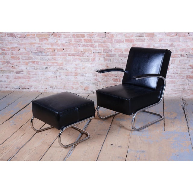 Set of Art Deco Lounge Chair with Ottoman in Chromed Steel and Leather by Willem Hendrik Gispen for Mücke Melder, Czech, 1930s For Sale - Image 4 of 12