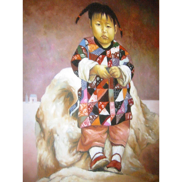 1980s Chinese Child Prayer Inspired Framed Portrait Oil on Canvas For Sale - Image 9 of 18