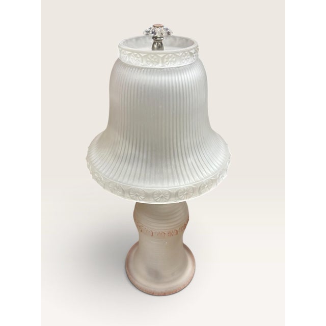 Vintage Art Deco Style Frosted Glass Ribbed Table Lamp With Matching Shade For Sale - Image 4 of 11